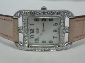 流當品拍賣 原裝 Hermes 愛馬仕 H 鑽圈 珍珠母貝面 石英 女錶PR325